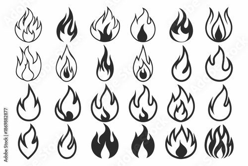 thoughtful_ Vector set of black and white abstract shapes and symbols featuring fire flames and water drop icons for nature logo design elements