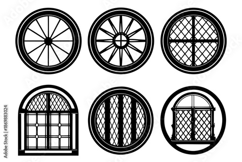 Set of four vintage black and white bicycle wheel vector icons featuring various tire patterns and rim designs for car and sport transportation symbols