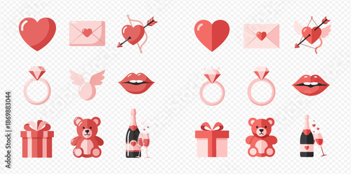 Valentine's Day romantic elements set with hearts, rings, gifts, and champagne for celebration.