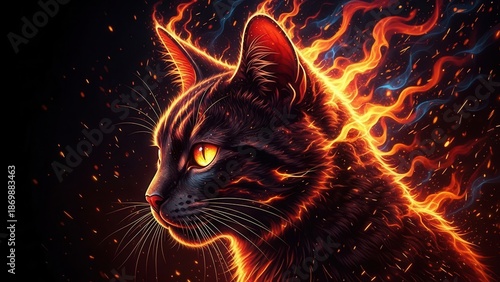 Digital illustration of majestic feline creature engulfed in blazing mystical fire with glowing eyes on a dark background
