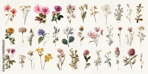 A vibrant collection of delicate watercolor wildflowers and botanical elements, showcasing a variety of colors and textures, isolated on a transparent background.