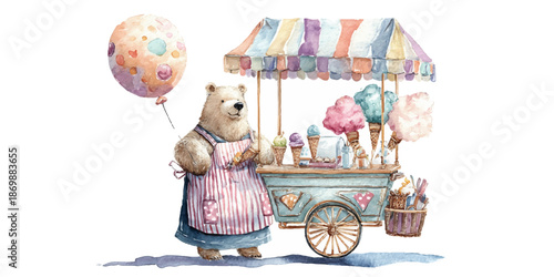 A charming watercolor illustration of a teddy bear selling cotton candy from a colorful cart, holding a balloon.