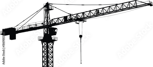 Tower crane silhouette isolated on white background, heavy construction industry equipment for building infrastructure development projects worldwide urban engineering use