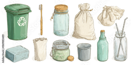 An assortment of reusable and eco-friendly items including a recycling bin, bamboo toothbrush, glass jars, cloth bags, soap, and metal straws.
