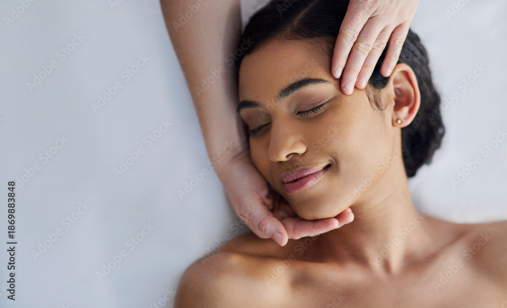 Naklejka premium Spa, facial and above of woman with hands for massage, beauty treatment and pamper at luxury resort. Salon, space and masseuse with person for wellness, stress relief and skincare service for health