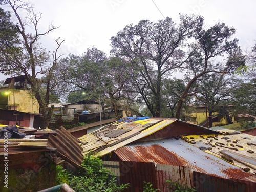 Rustic hillside settlement with tin-roof structures surrounded by tall trees and greenery, showing everyday life and architecture in a forested hill town in India.