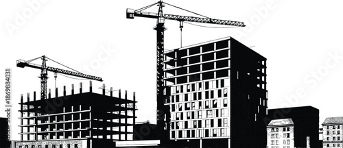 Urban construction site silhouette with tower cranes and unfinished buildings, city development infrastructure, industrial architecture scene, high contrast illustration