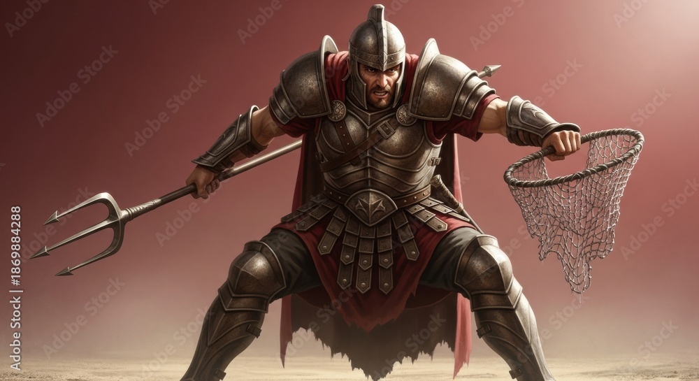 Fototapeta premium Powerful Gladiator Retiarius with Three-Pronged Trident and Capture Net in Battle