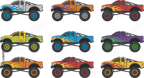 Colorful monster pickup truck set illustration, off road racing vehicles collection, cartoon vector design, isolated on white background, high detail