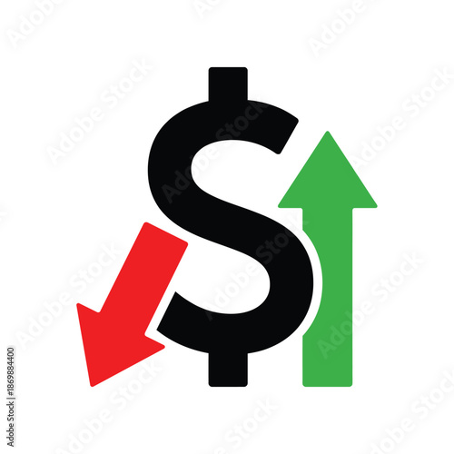 Black dollar sign with red downward arrow indicating financial loss and green arrow showing profit rise