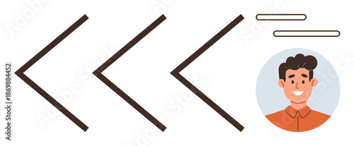 Interface navigation, user interaction, profile identification, digital communication, app design, direction. Face of a man with chevron arrows and interface lines. User interaction and profile