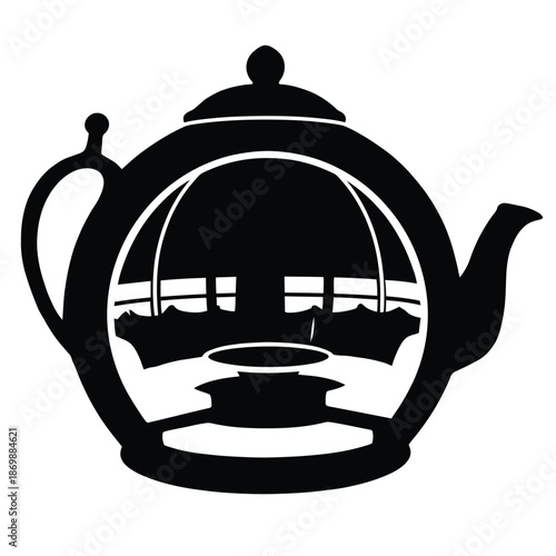 Black silhouette of a traditional middle eastern teapot with a sailing dhow boat inside its belly
