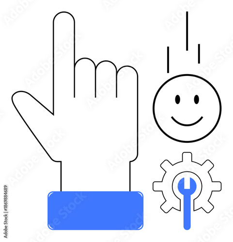 User interaction concept. Hand gesture enhancing user experience with settings gear and happy face. User interaction improves accessibility, control, and system functionality. For apps, UX design