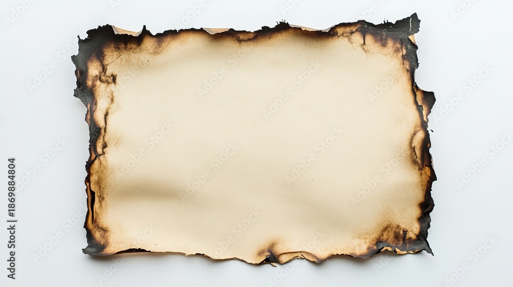 Fototapeta premium A piece of burnt paper with a rough edge on a white background