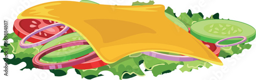 A flat cartoon illustration of fresh sandwich ingredients with lettuce, tomato, cucumber, onion rings, and a slice of cheese layered