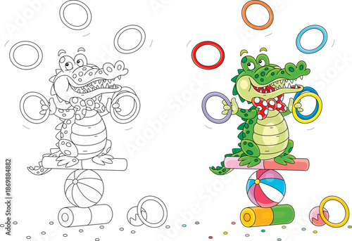 Funny crocodile juggler balancing on a colorful ball, board and cylinder and juggling with toy hoops in a fun circus performance, color and black-and-white outline vector cartoon illustrations