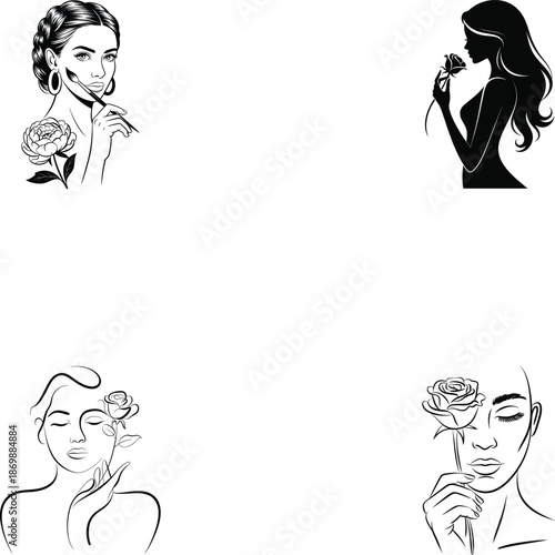 Nature Clipart: Large Red and Green Simple, Easy, Beautiful Full Bloom Rose on Stem with Decorative Leaves 