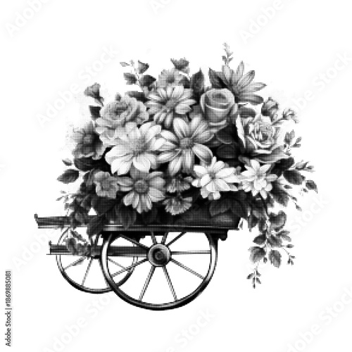 Black and white halftone illustration of a wooden cart filled with lush flowers and foliage, isolated on a white background. Vintage floral arrangement symbolizing nature, beauty, and decoration.