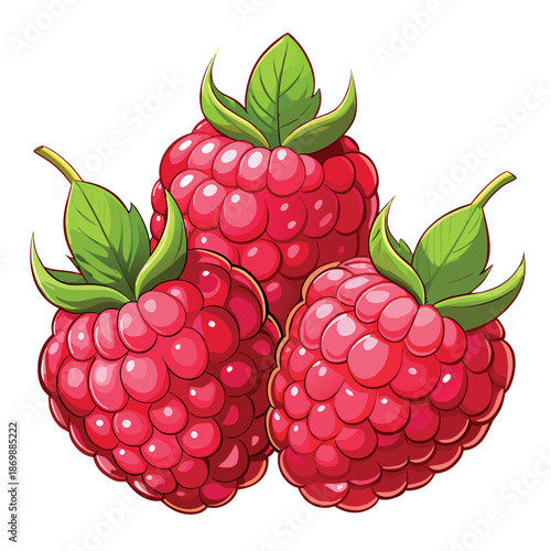Three bright red raspberries with shiny highlights and green leaves