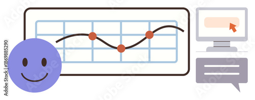 Business strategy, data trends, technology, communication, user satisfaction, web analytics. Graph with data points, computer and happy face icon. Business strategy and data trends