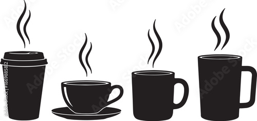 Four Black Coffee Containers with Steam Rising from Them also transparent background