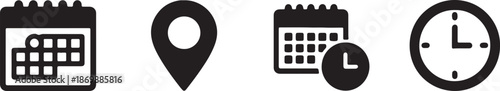 Four black representing a calendar with a grid, a location pin, a calendar with a clock, and a clock face also transparent background