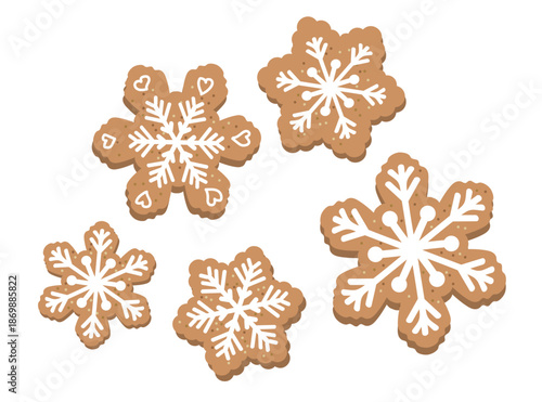 Gingerbread cookies in festive shapes, white background. Gingerbread cookies shaped like snowflakes and decorated with white icing for winter celebrations and holiday gatherings. 