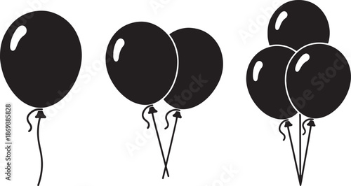 Three Black Balloons with White Highlights and Strings in a Row also transparent background