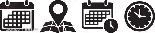 Four black representing a calendar, map pin, calendar with clock, and analog clock on a white background also transparent background