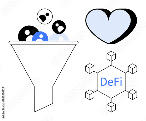 Decentralized finance, blockchain systems, financial transformation, crypto technologies, digital economy, and innovation. Visual of a funnel, heart and DeFi network design. Decentralized finance