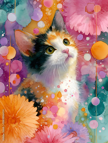 Wallpaper Mural Adorable Calico Kitten with Colorful Flowers and Watercolor Splashes - Whimsical Art Torontodigital.ca