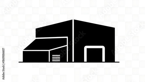 Simple black and white illustration of a barn
