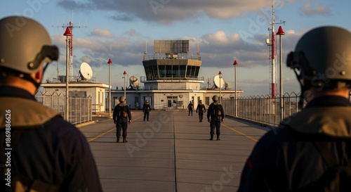 Golden Hour Patrol Security Personnel Marching Towards Airport Control Tower Framed by Helmets.