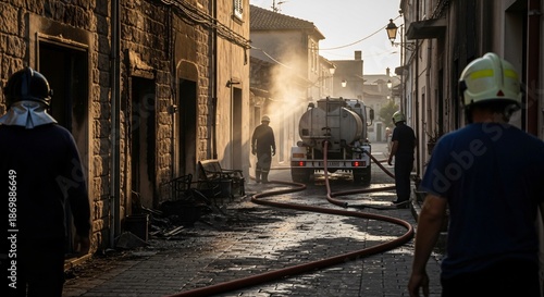 Golden Hour Light on Firefighters and Water Tanker in Smoky PostFire Cobblestone Alley.