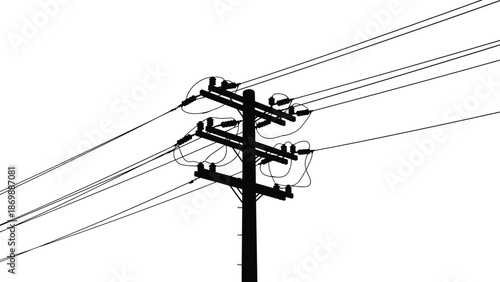 Detailed black electric power line pole silhouette vector illustration isolated on white background for energy transmission infrastructure utility design