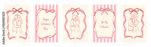 Hand drawn cards for Valentine's Day with couple, whimsical lines, bows. Holiday borders for invitation, poster, card. Vector illustration.