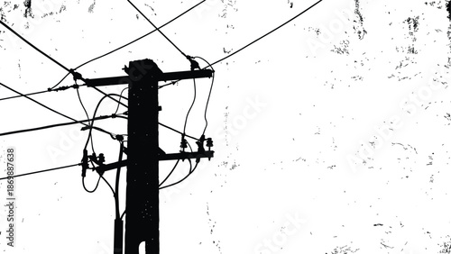 Electric utility power pole silhouette vector illustration with complex overhead wiring textured background industrial energy infrastructure isolated black design