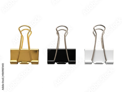 Set of three colored binder clips on white background isolated on transparent background