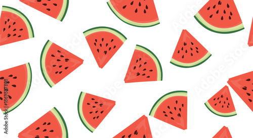 Seamless pattern of juicy watermelon slices with black seeds scattered on a clean white background for summer themes.