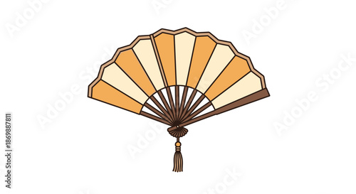 Traditional folding fan with orange and cream segments and a decorative tassel isolated on a white background.