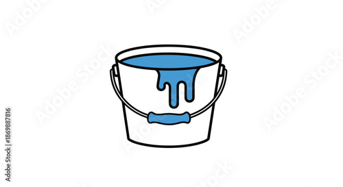 Simple white bucket filled with blue paint dripping down the side isolated on a clean white background for home repair.