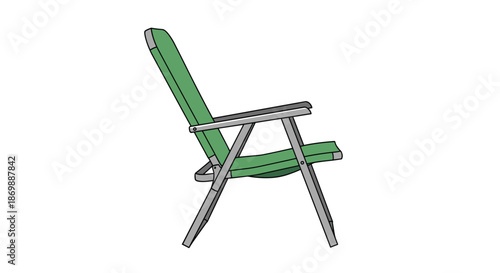Green folding deck chair with a metal frame isolated on a plain white background for outdoor relaxation and summer leisure.