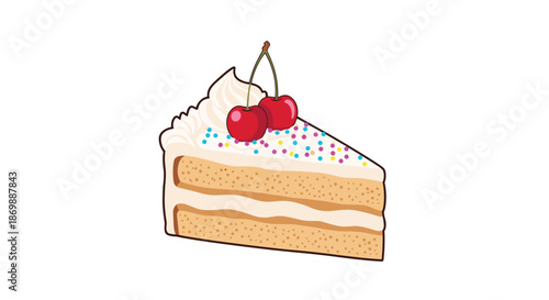 Slice of sponge cake with white frosting colorful sprinkles and two red cherries on top for a sweet dessert celebration.