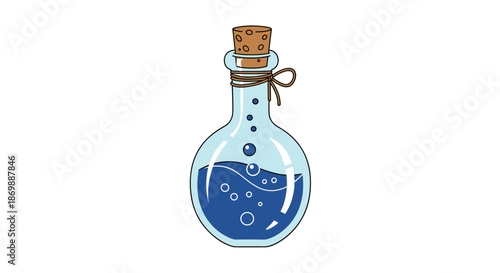Magic blue potion in a round glass bottle with a cork stopper and bubbles isolated on a white background for fantasy games.