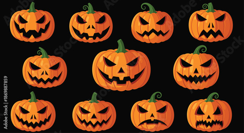 Pattern of scary jack o lantern pumpkins with various expressions on a black background for spooky halloween themes.