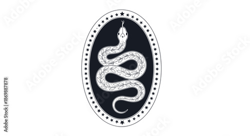 Decorative oval frame with a snake and stars illustration in white on a dark blue background for occult themes.