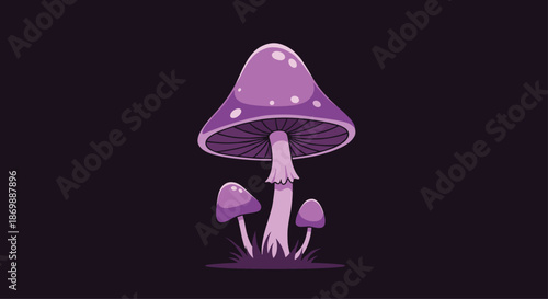 Large purple mushroom with white spots growing from grass isolated on a dark background for magic and fantasy themes.