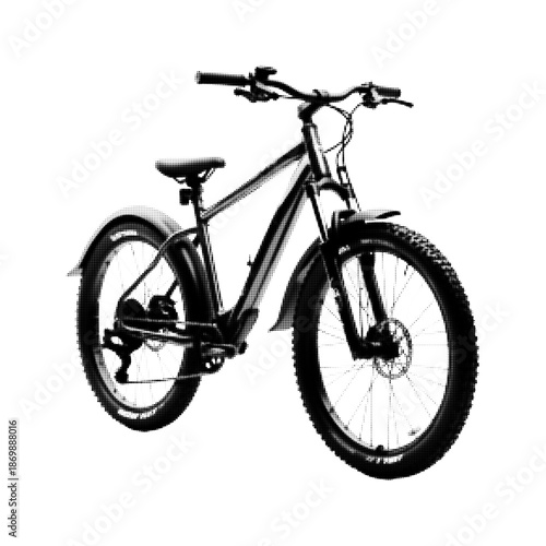 Black and white halftone illustration of a modern electric bicycle with thick tires, isolated on a white background. Minimalist transport concept symbolizing eco mobility and urban travel.