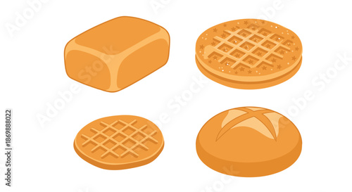 Variety of baked goods including a loaf of bread, a round bun, and two types of waffles, representing diverse bakery menu items.
