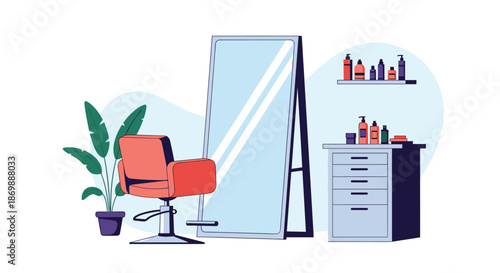 Minimalist hair salon interior featuring a professional red styling chair, a tall floor mirror, and shelves with beauty products.